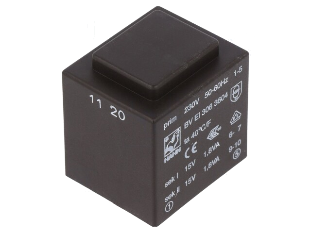 Transformator: ingegoten; 3,6VA; 230VAC; 15V; 15V; 120mA; 120mA; PCB Transformator: ingegoten; 3,6VA; 230VAC; 15V; 15V; 120mA; 120mA; PCB